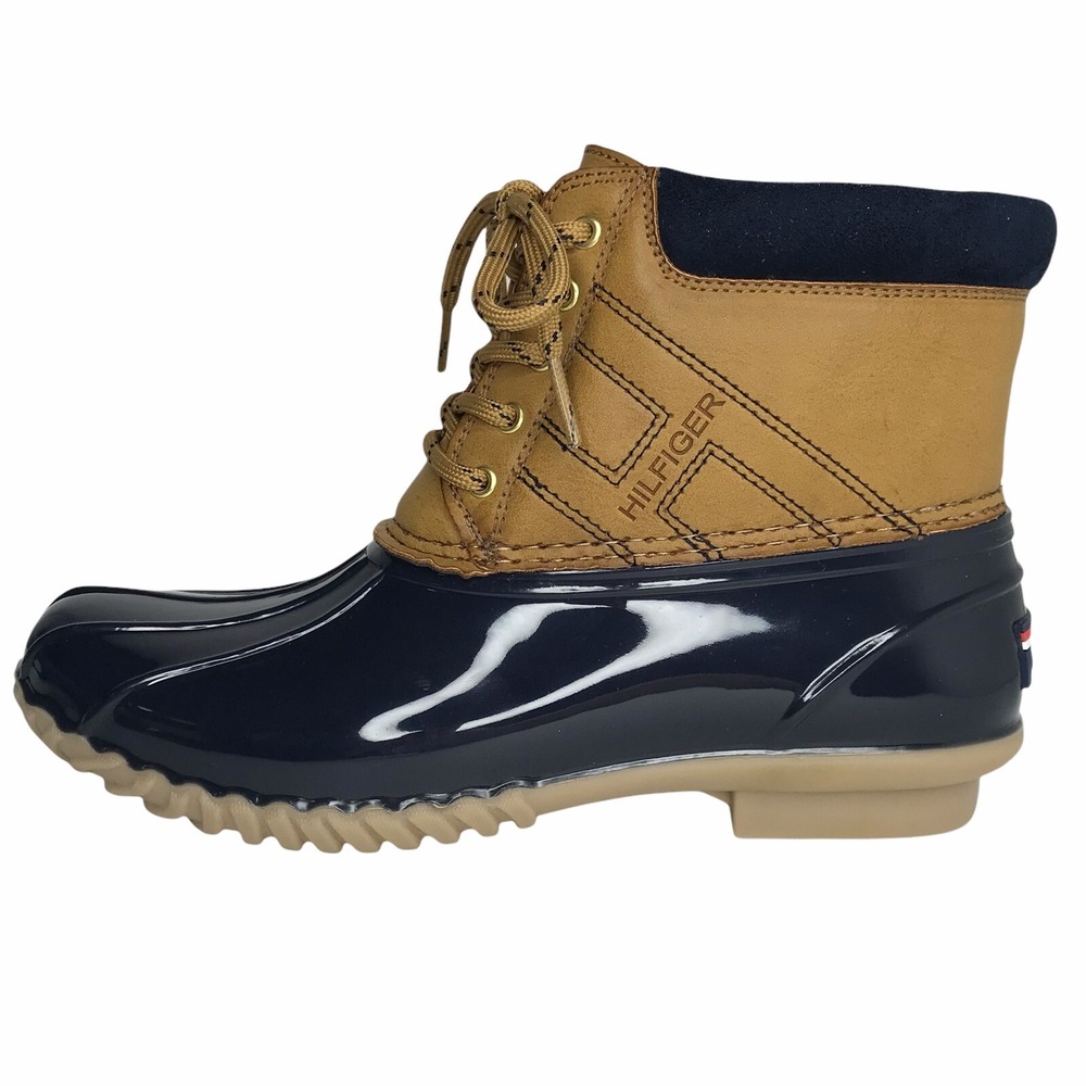Tommy Hilfiger Womens Lined Duck Boots Size 7 Navy‎ Blue -Brown Faux Fur Warm